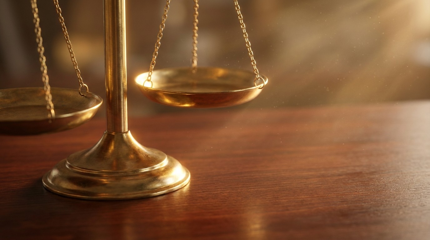 Polished brass scales on mahogany wood, golden sunlight creating sharp details and soft bokeh background. Polished brass scales on mahogany wood, golden sunlight creating sharp details and soft bokeh background.