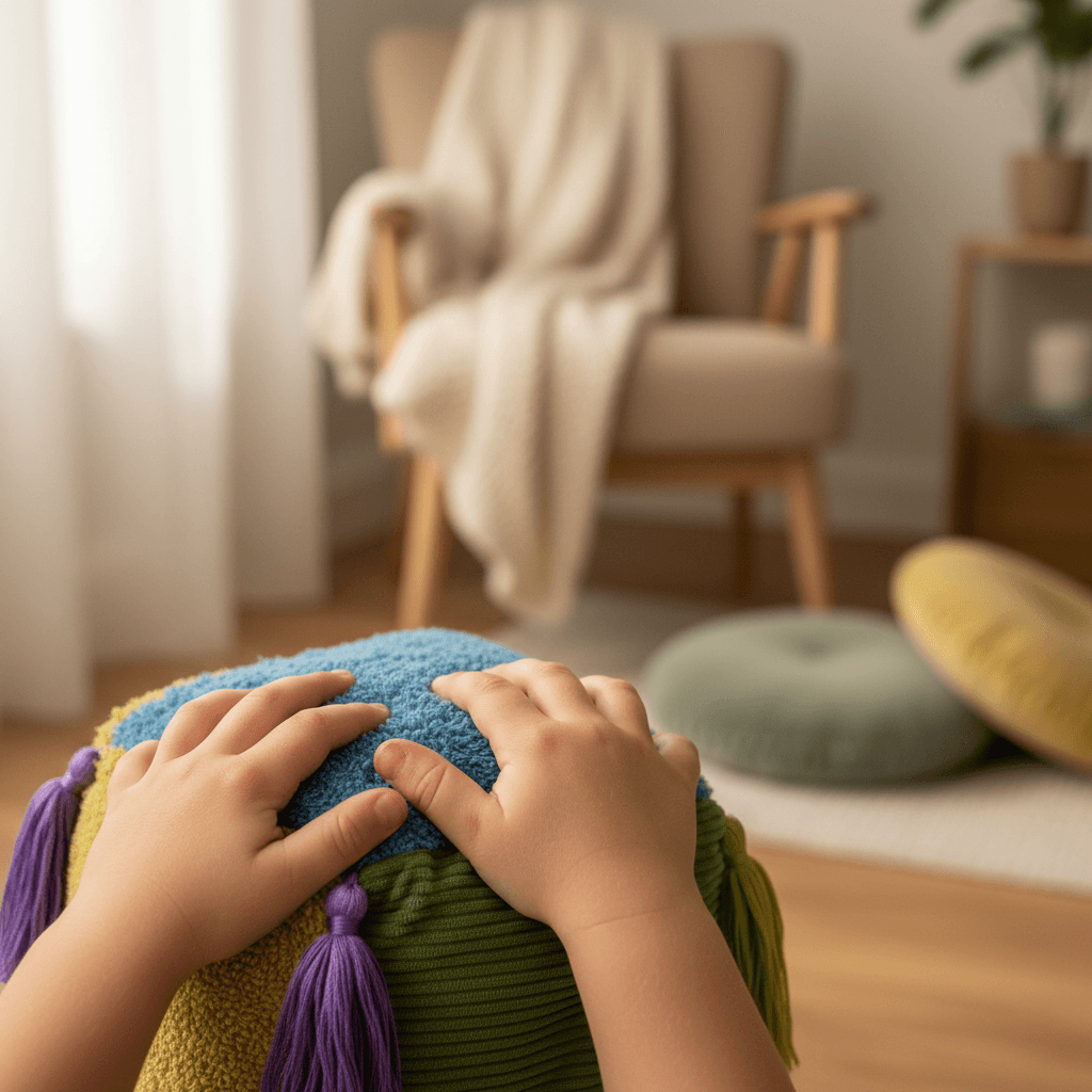 Child's hands exploring soft tactile comfort item in calm home setting, showing age-appropriate sensory engagement and emotional support Child's hands exploring soft tactile comfort item in calm home setting, showing age-appropriate sensory engagement and emotional support
